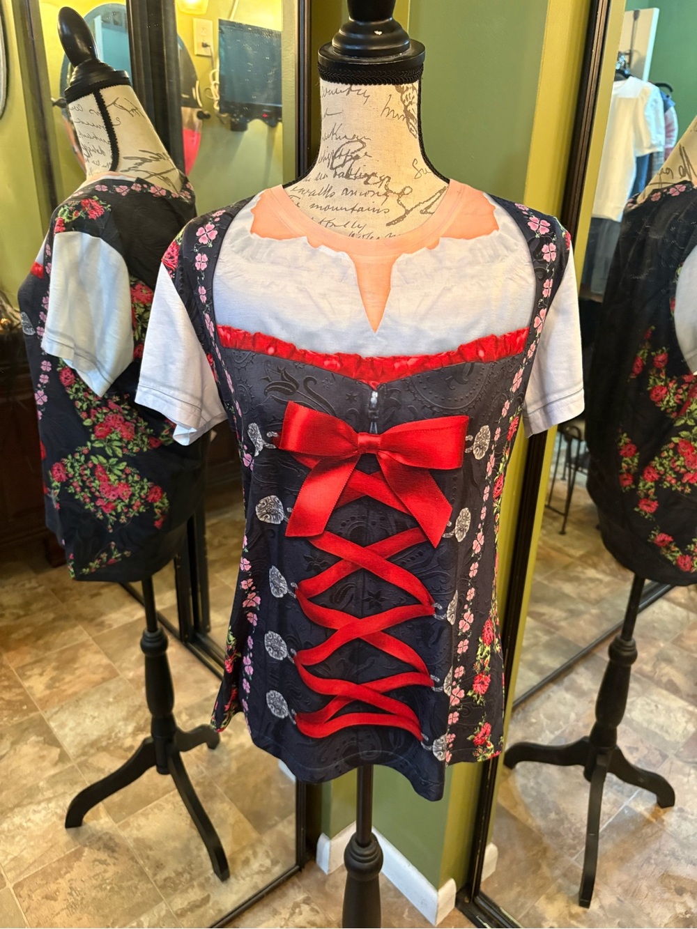 Women's Short Sleeve Corset-Style Tee with Red Ribbon Detail